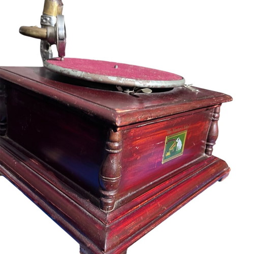 Vintage Gramophone used, His Master's Voice, functional with wooden base