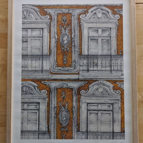 Art print with architectural details and artist signature, new, framed
