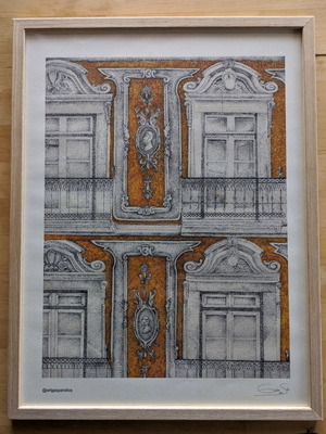 Art print with architectural details and artist signature, new, framed