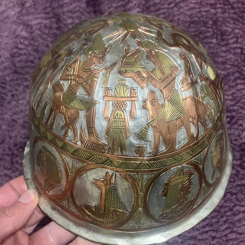 Vintage Egyptian bronze helmet engraved like new