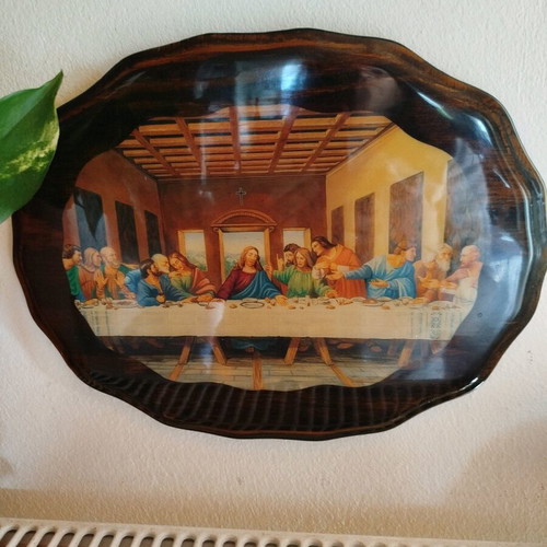 Wooden vintage wall plaque with Last Supper depiction used