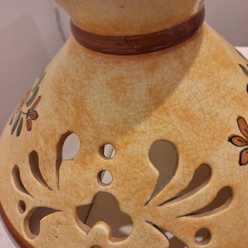 Vintage hanging lamp used, wrought iron and hand-painted ceramic shade