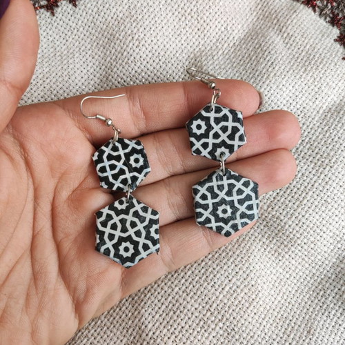Pentagonal earrings black and white patterned new handmade