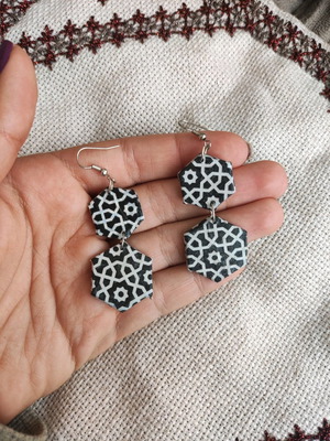 Pentagonal earrings black and white patterned new handmade