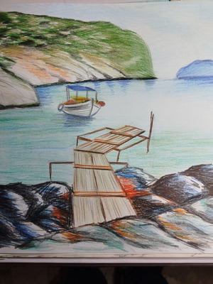 Vroulidia Beach drawing with watercolor pencils new 30x40 cm