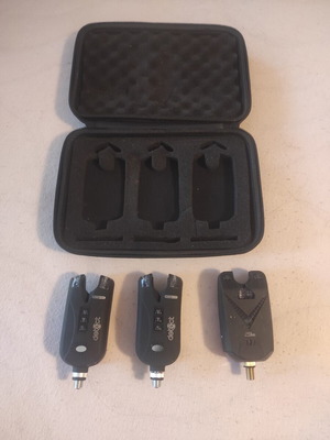 Fishing bite alarms used, set of 3 with carrying case
