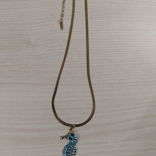 Summer necklace gold steel with embossed blue seahorse like new