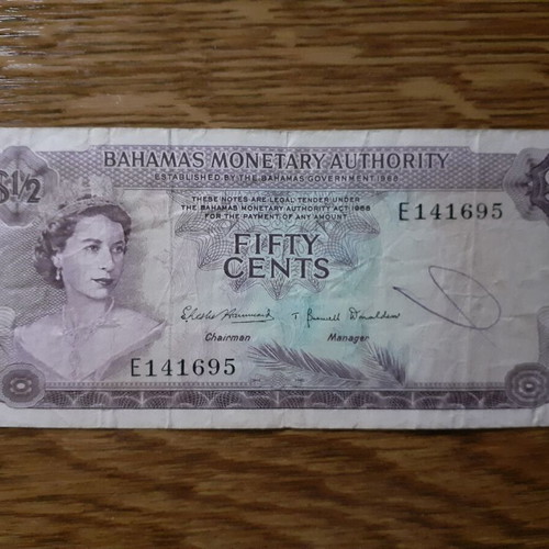 Bahamas 50 Cent Banknote 1968 used, Young Elizabeth II