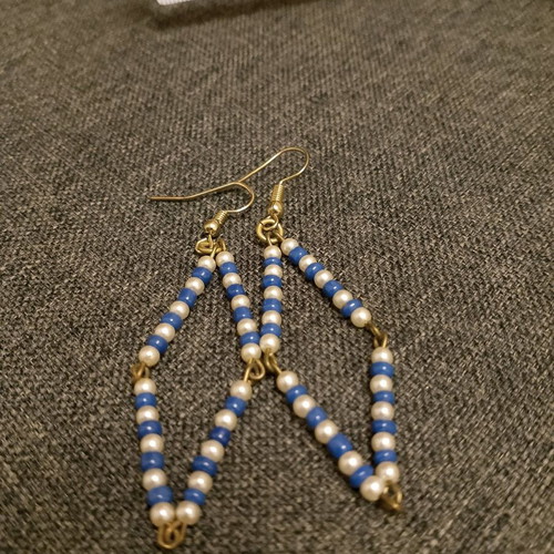 Beaded dangling earrings used, white and blue, handmade