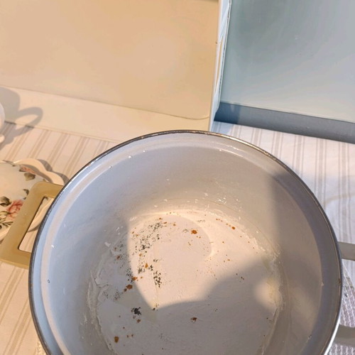 Large German enamel pot used with gilded handle for decoration