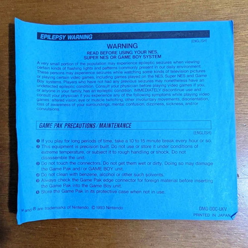 Nintendo Epilepsy Warning / Game Pak Precautions 1993 like new