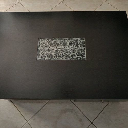Solid oak handmade coffee table used, wenge finish, with stools and drawers