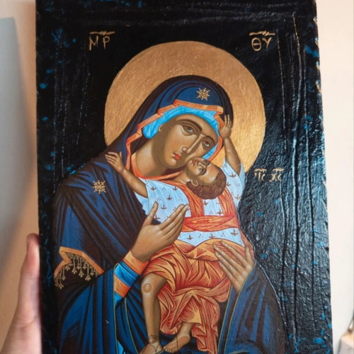 Handmade Virgin Mary icon on wood with decoupage finish