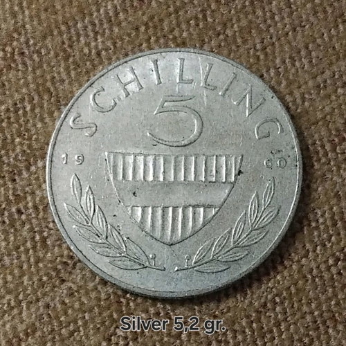 Austria Silver 5 Schilling 1960 used, 5.2g with 0.640 silver