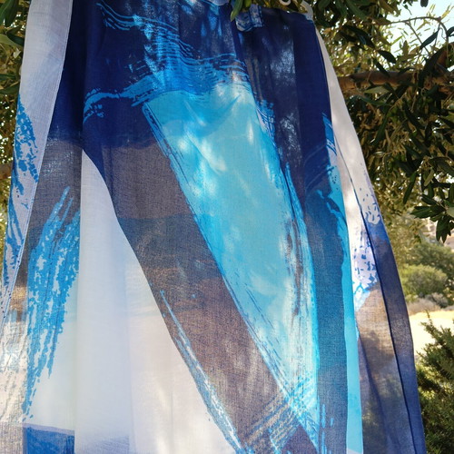 Alfred Sung large vibrant blue turquoise and white pareo