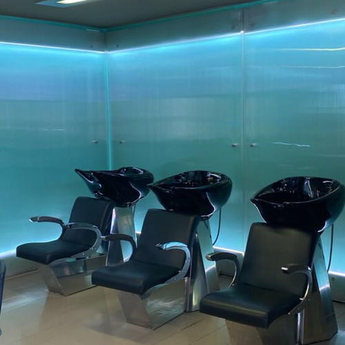 Salon chairs and shampoo bowls used, set of 8 chairs and 3 bowls