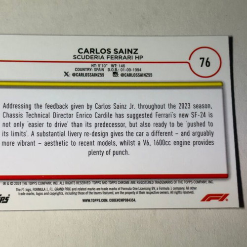Carlos Sainz 2024 Topps Chrome Formula 1 F1 Gold Purple Refractor card like new