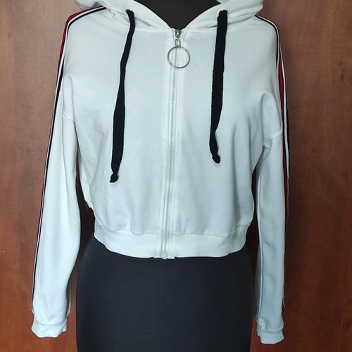 White Cropped Jacket with Hood and Sporty Stripes like new