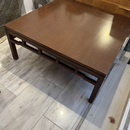 Vintage coffee table with glass used, solid wood 100x100