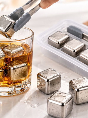 Ανοξείδωτοι κύβοι ψύξης για ποτά, σετ 8 με λαβίδα και θήκη