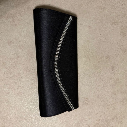 Clutch black satin evening bag like new with strass and silver chain