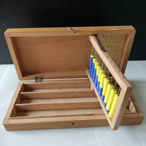 School pencil case used, wooden with small abacus