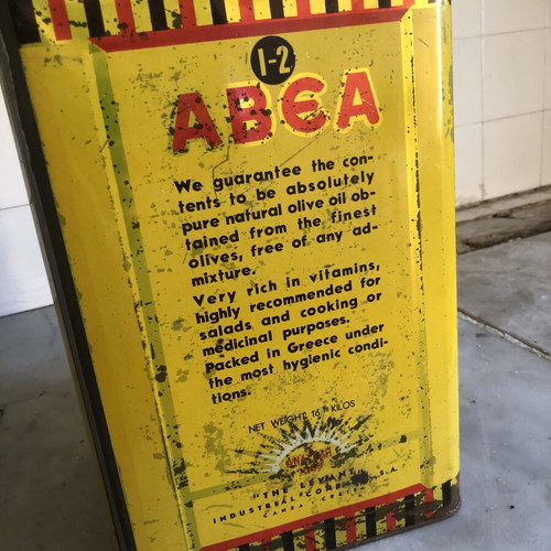 ABEA 16kg tin oil container, vintage metal packaging
