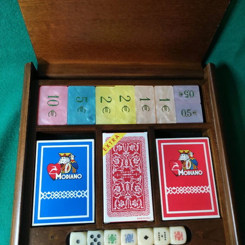 Vintage wooden case for dice and playing cards used