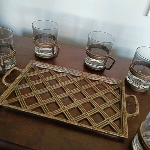 Bronze tray with 6 tea glasses like new