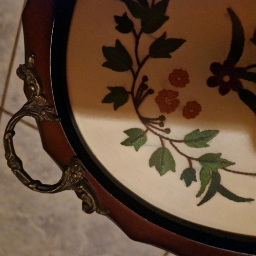 Vintages handmade tray with semene embroidery and brass handles new