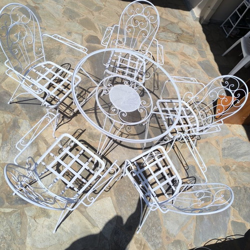 Fer Forgé garden table set with 5 chairs, painted, 90cm diameter