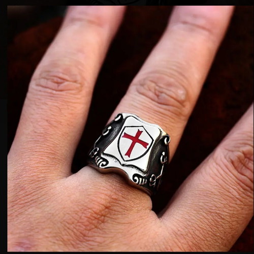 Knights Ring with Shield and Red Medieval Cross new