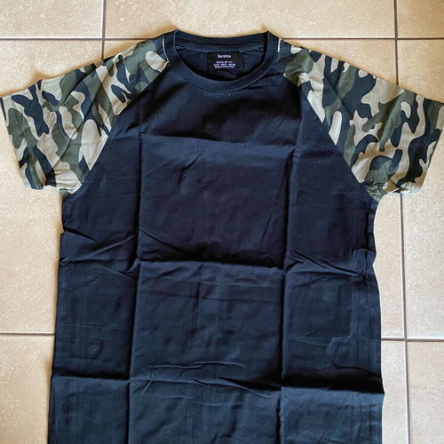 Bershka men's T-shirt used, small, black with camouflage sleeves