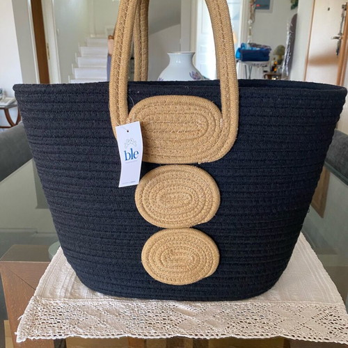 Ble summer handbag new, black with beige design, cotton rope material