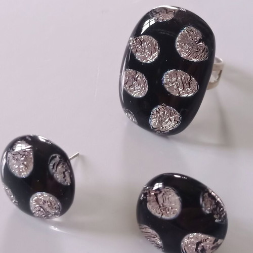 Dichroic glass ring and earrings set new