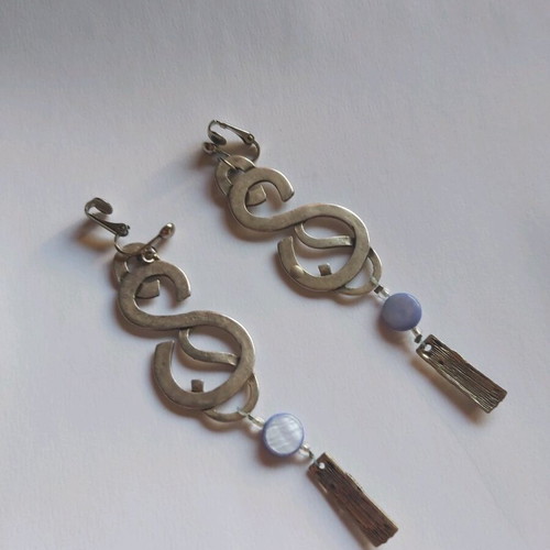 Women's earrings used, handmade metal, blue and silver