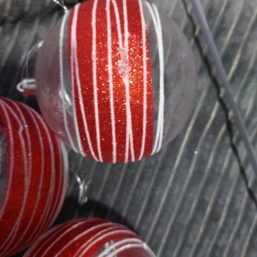 Set of 7 Candy Cane Christmas balls like new, red and white