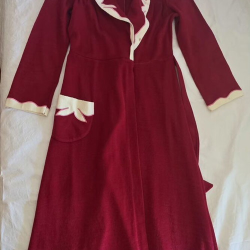 Vintage women's long dressing gown like new, burgundy with white details