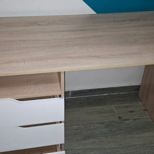 Modern desk with drawers used, wood and white