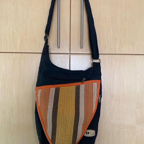 Ethnic Boho Shoulder Bag Crossbody Used Black With Embroidery