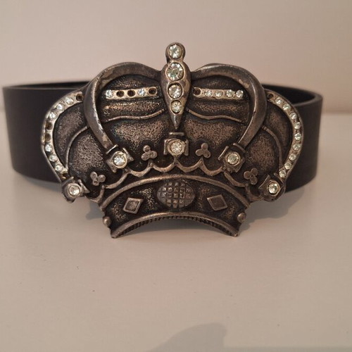 Vintage Genuine Leather Black Belt with Rhinestone Crown Buckle