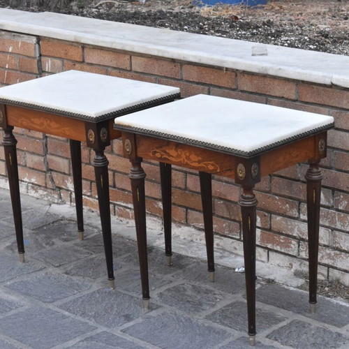 French vintage side tables used, pair with marble and marquetry