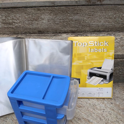 Office supplies set with printing labels, graphic drawers and folder with sleeves