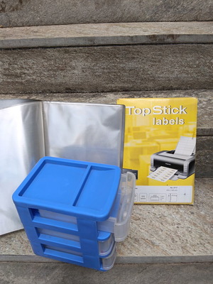 Office supplies set with printing labels, graphic drawers and folder with sleeves