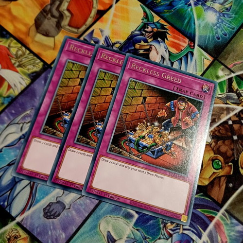 Reckless Greed Yu-Gi-Oh! cards, near mint, set of 3