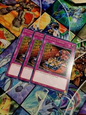 Reckless Greed Yu-Gi-Oh! cards, near mint, set of 3