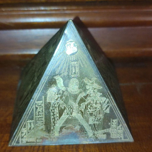 Small antique pyramid with Egyptian gold-plated brass miniatures used