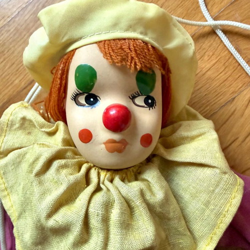 Vintage clown marionette with porcelain head and wooden control cross, like new