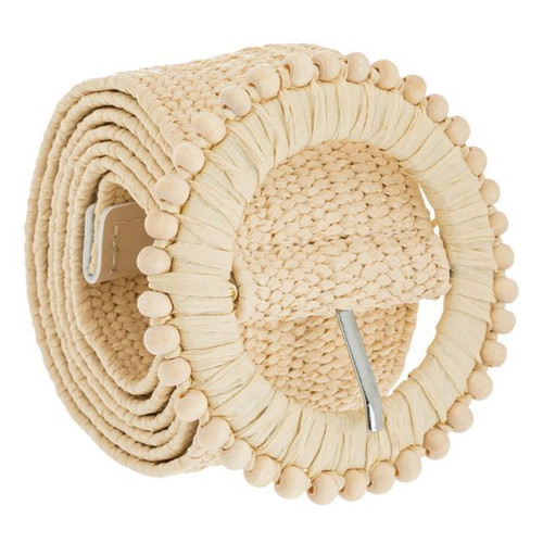 Women's summer straw elastic belt beige with round buckle 105x5cm