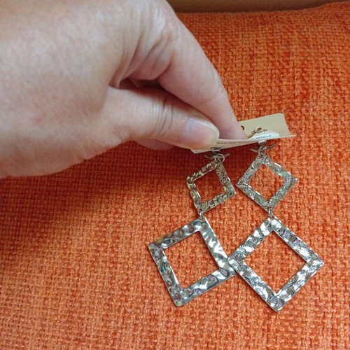 Earrings Rhombus hammered design with clips new, silver color